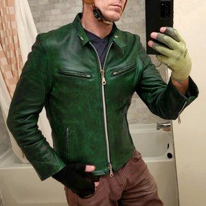 Emerald Green Men's Thick Oiled Pull Up Leather Cafe Racer Jacket